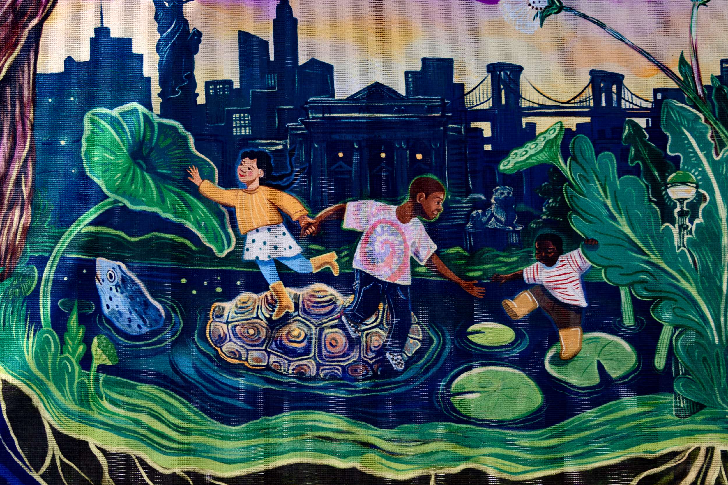 Mural detail of children helping one another cross a river over a turtle shell.
