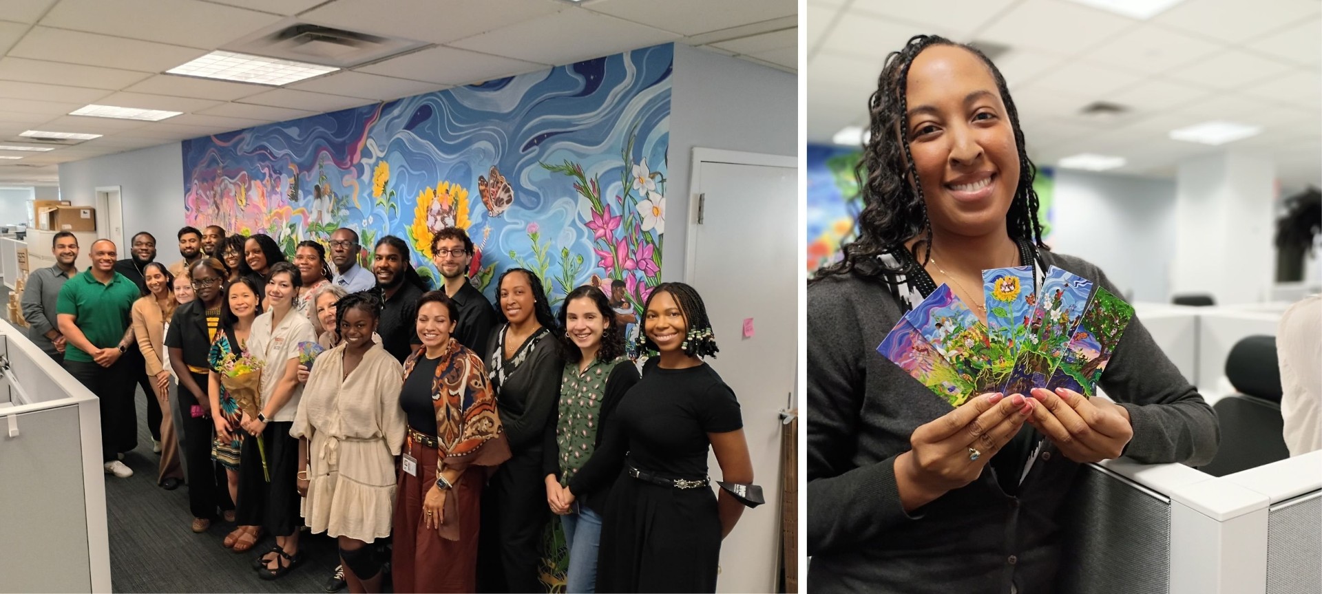 MOERJ staff in front of the artwork with a person holding the mural bookmarks.