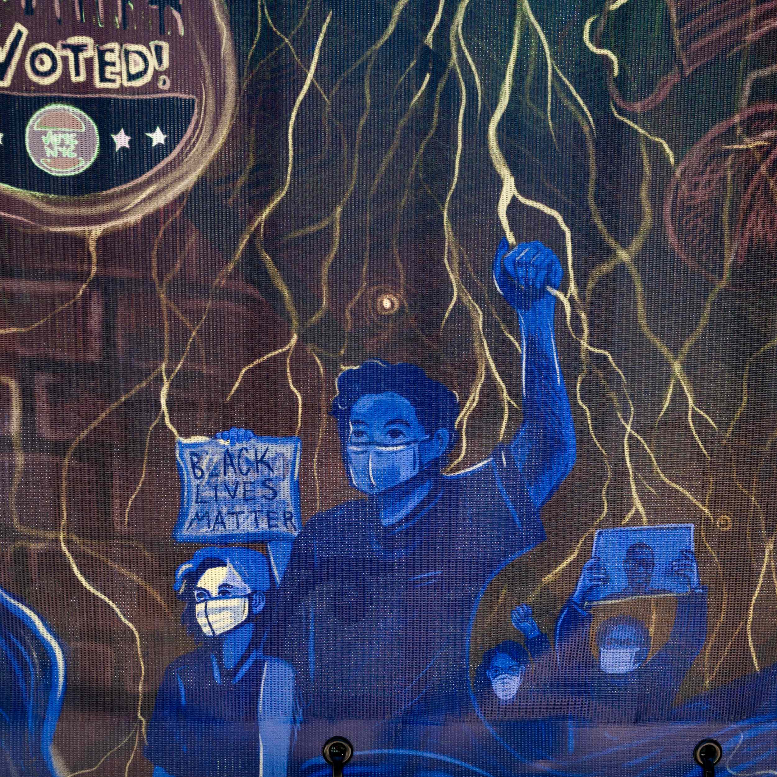 Illustration of Black Lives Matter protest in the roots section of the mural.