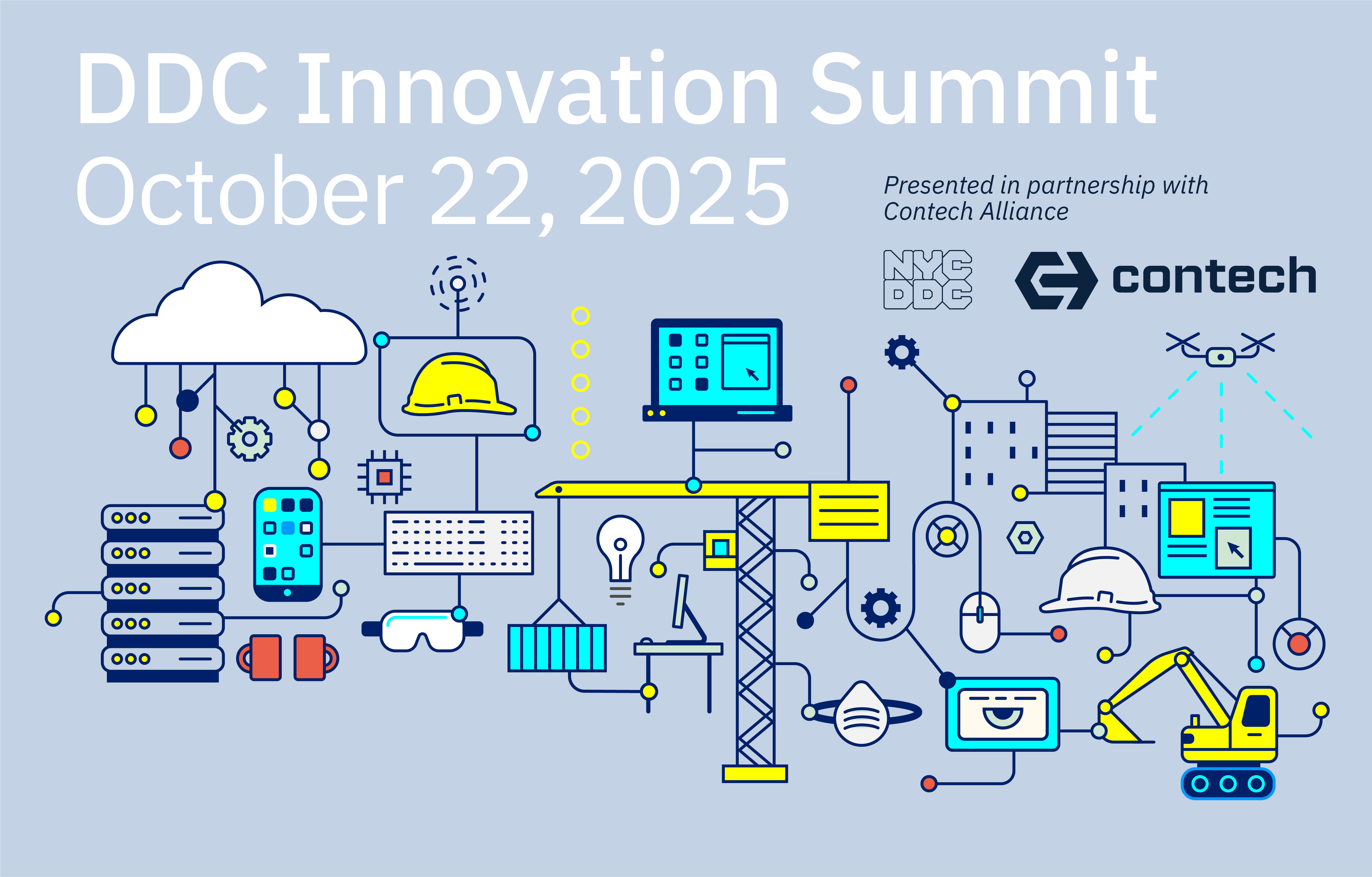 Graphic of DDC Innovation Summit featuring illustration of construction gear
                                           