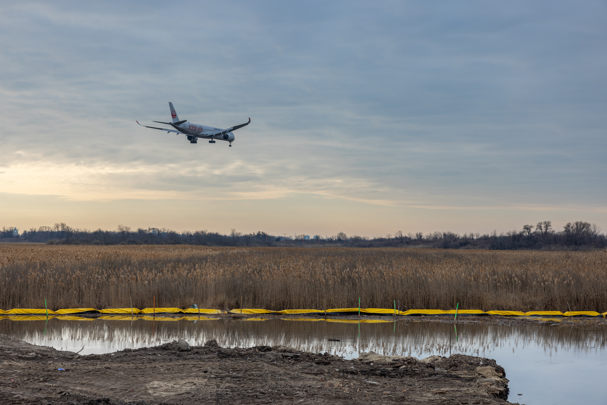 An airplane flying above marshland