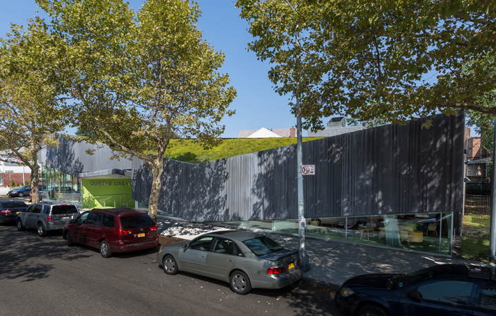 green roof at kew gardens hills library seen at front entrance