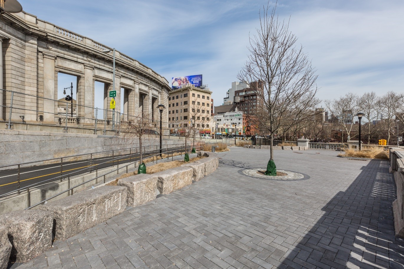 Forsyth Street Plaza at the foot of the Manhattan Bridge in Chinatown