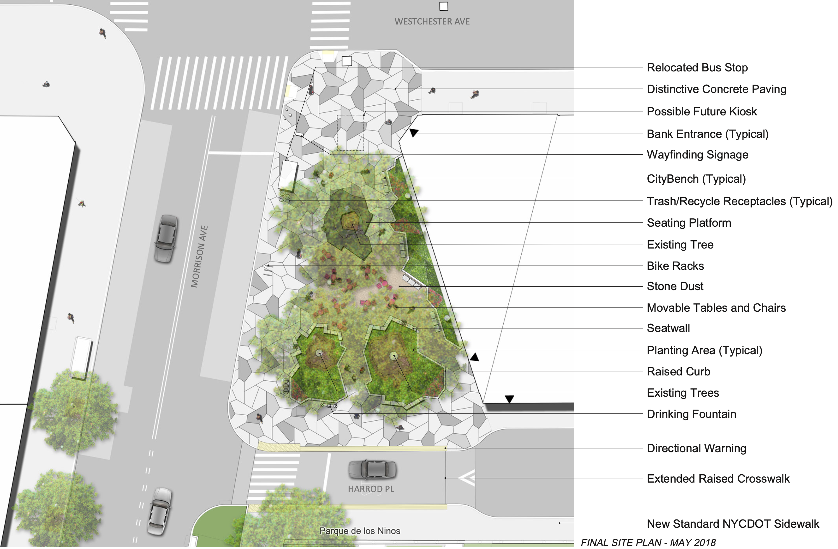 a site plan detailing features of the project to expand and beautify Morrison Avenue Plaza