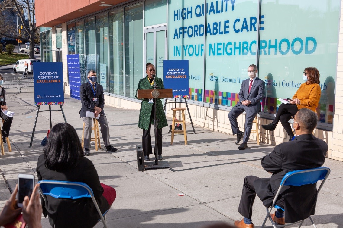 A gathering of elected officials at the Bronx COVID Center of Excellence