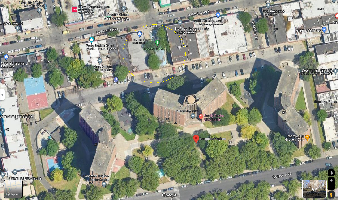 map of location of plaza and nearby NYCHA building and Justice Center