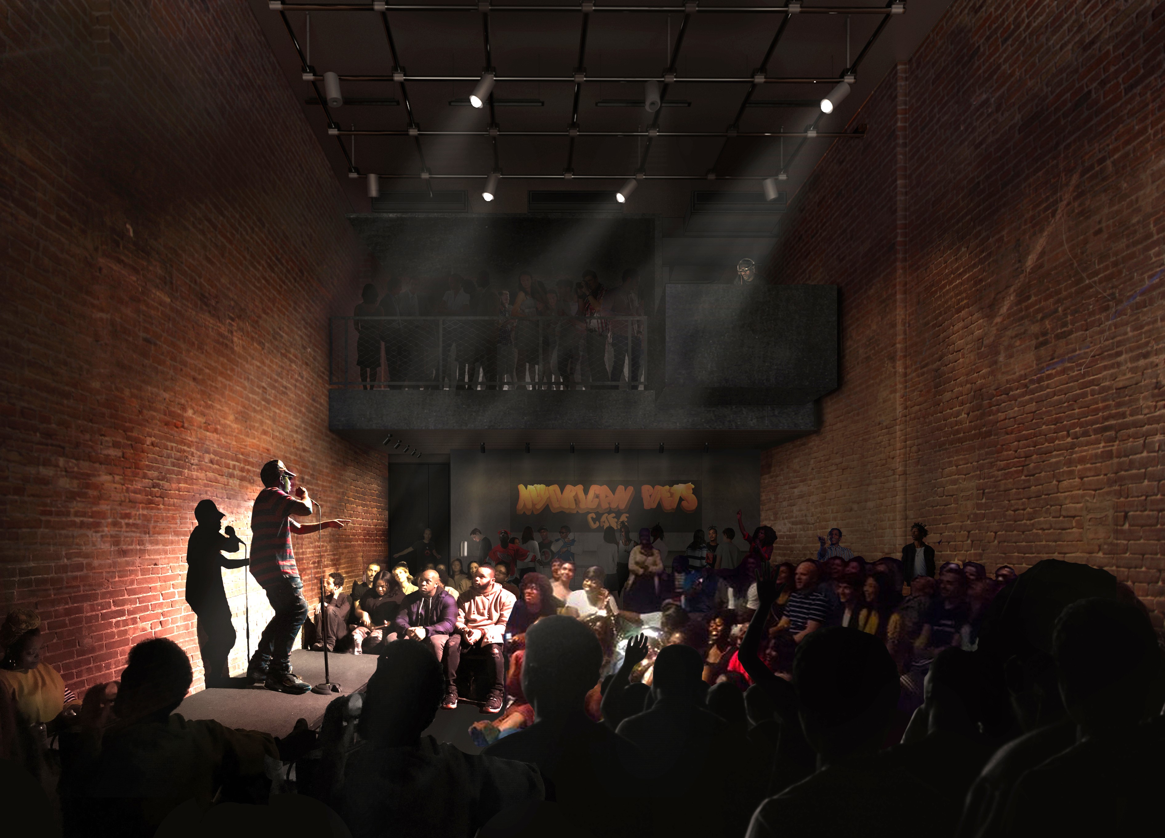 performer performing on mic on stage in artist rendering of new venue space