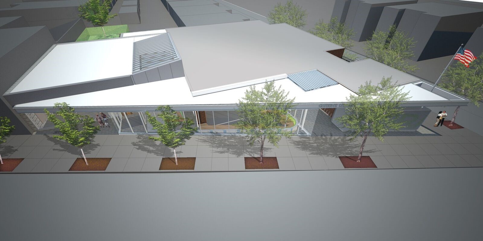 An artist’s rendering of the future expanded and renovated East Elmhurst Community Library