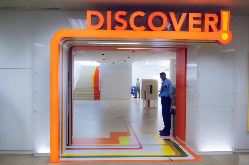 The entrance to the Children's Discover Library. A sign overheard says Discovery.
