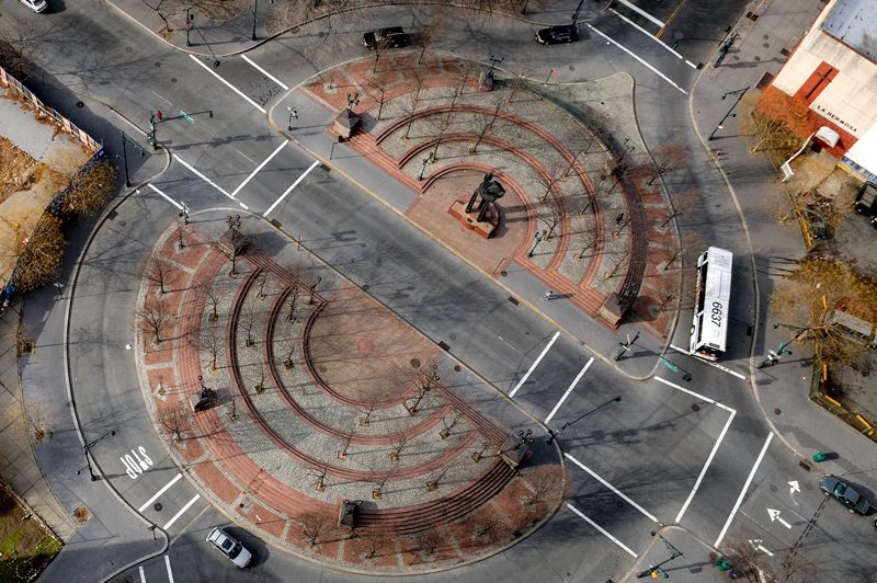 A bird's eye view of Duke Ellington Plaza.