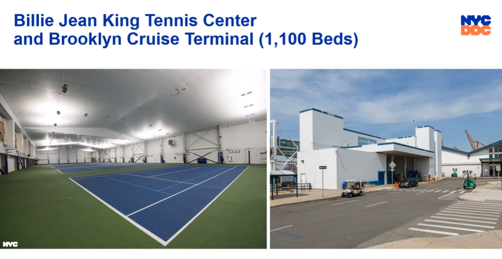 Side by side photos of the Billie Jean King National Tennis Center and Brooklyn Cruise Terminal
