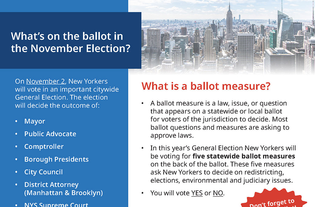 Preview of the DemocracyNYC Voter Resource Guide. Skyline of NYC and blue column of text. Includes information about what’s on the ballot in the November Election and ballot measures.