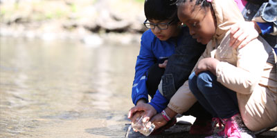 Children reintroducing trout to a stream