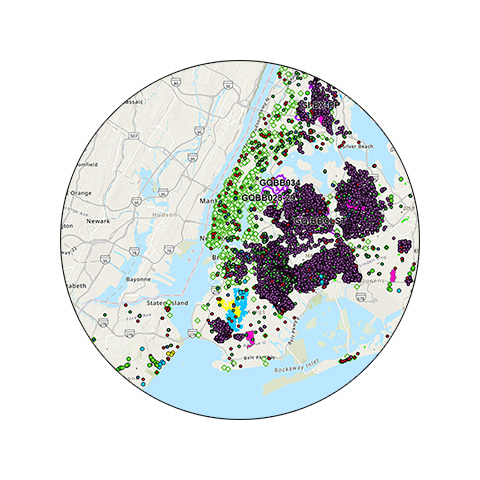 map of NYC with colorful dots indicating stormwater projects across NYC