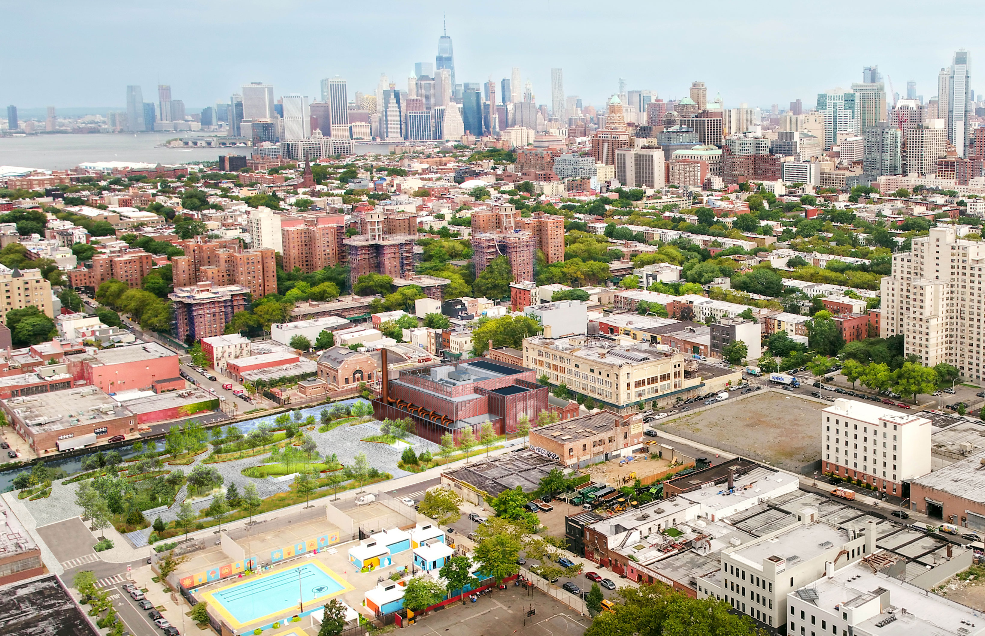 Rendered view of proposed aerial view in context