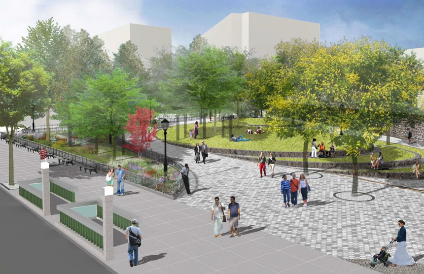 Rendering of the park and plaza facing Broadway