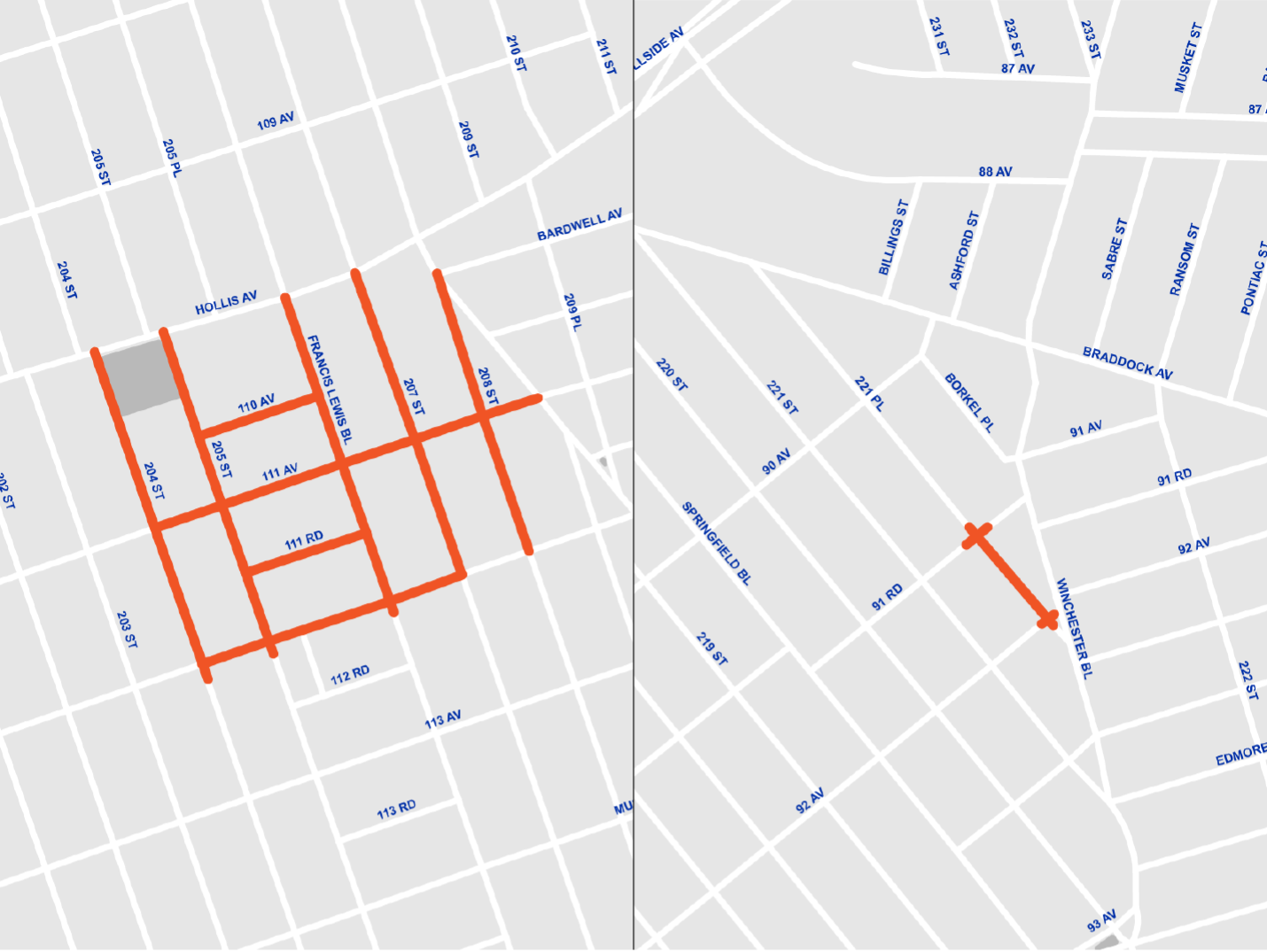 Map of project areas in Hollis and Queens Village