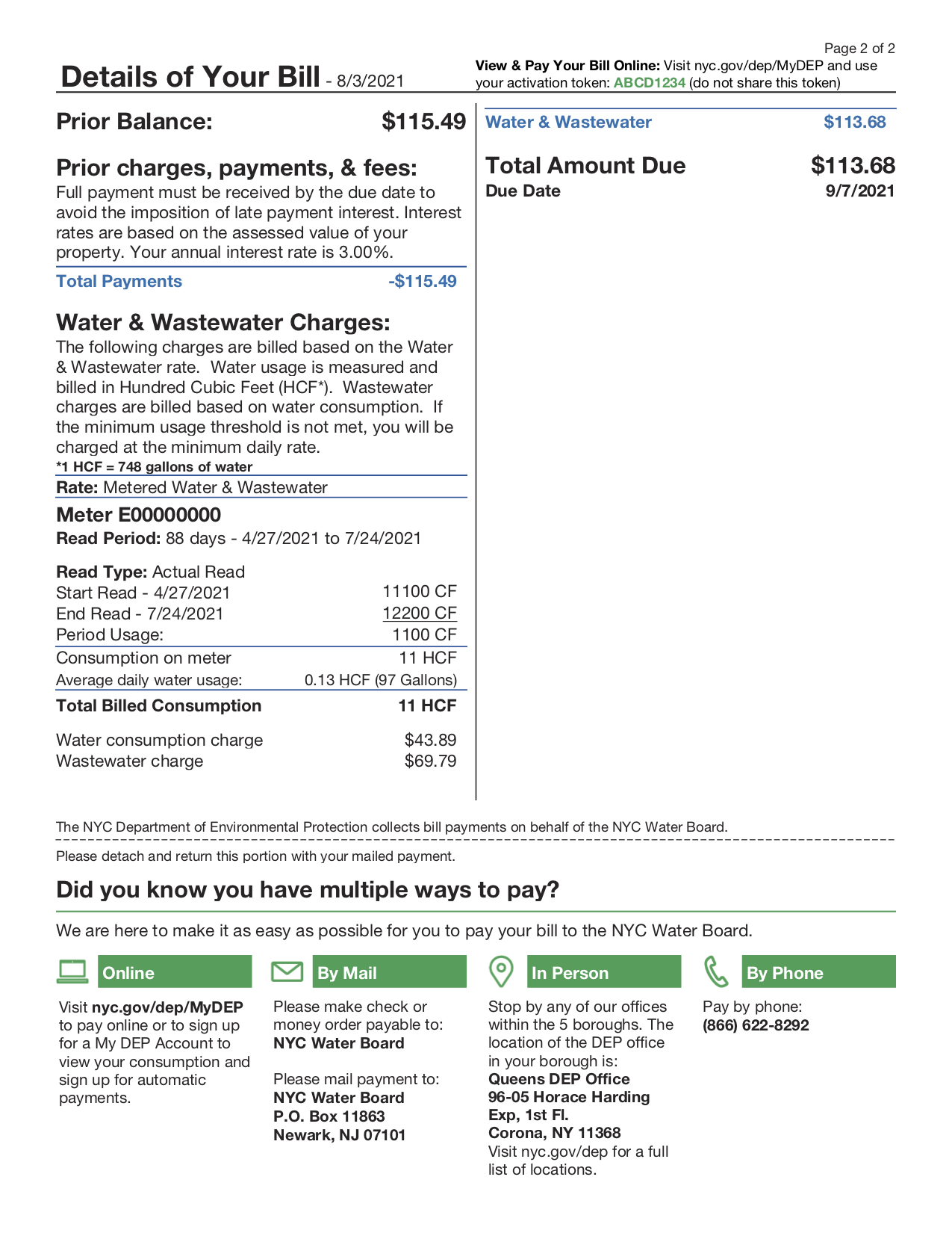 an example back page of the new water and sewer bill