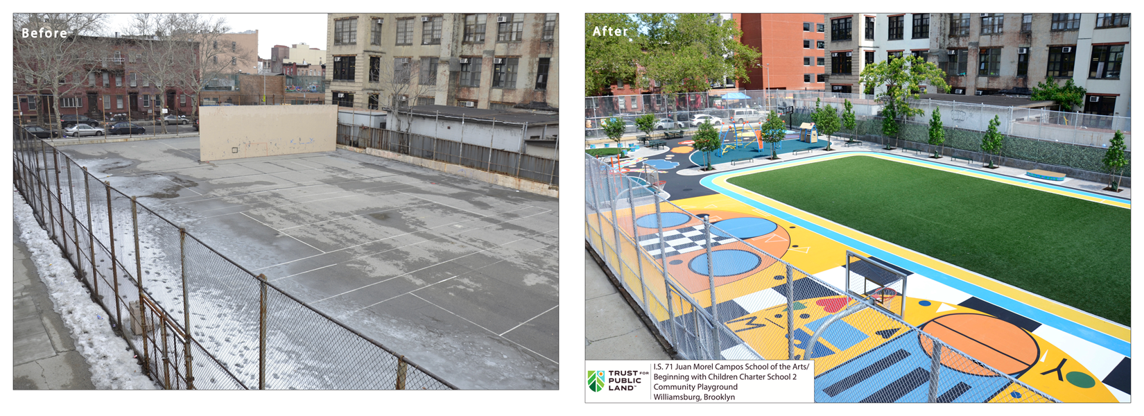 Before and after pictures of the playground at the Juan Morel Campos Secondary School