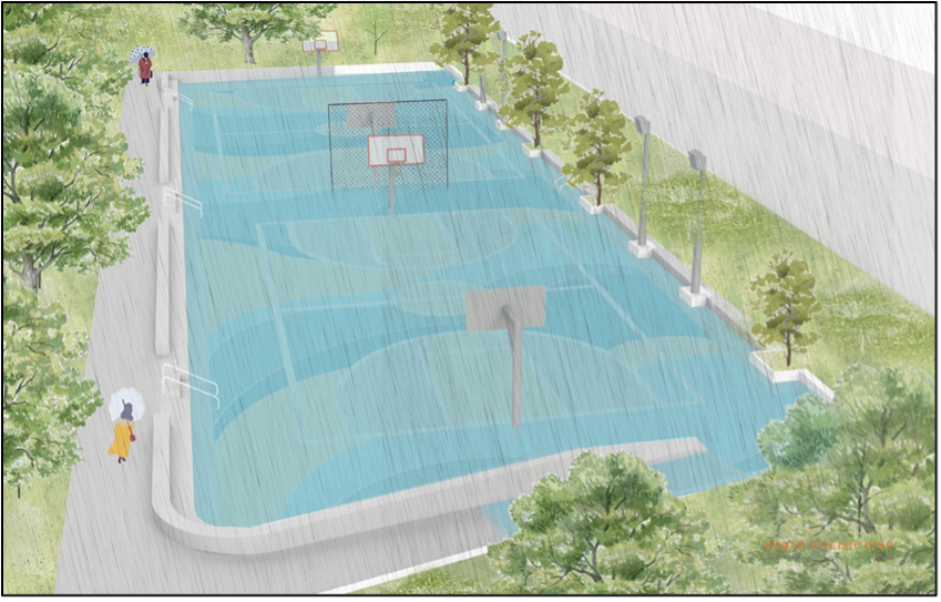 Rendering of Sunken Basketball Court at South Jamaica Houses, during rain event.
