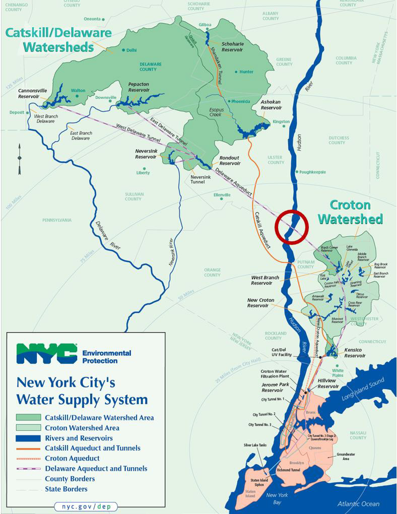 Map of NYC water supply system with the Delaware Aqueduct work site circled in red.