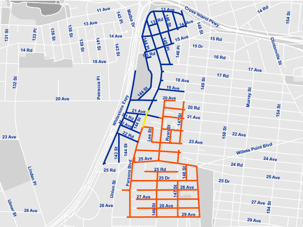 The two projects, SE810 (orange) and SE811 (blue), improved stormwater drainage, water mains and local street conditions. The yellow area shows overlap of both projects.