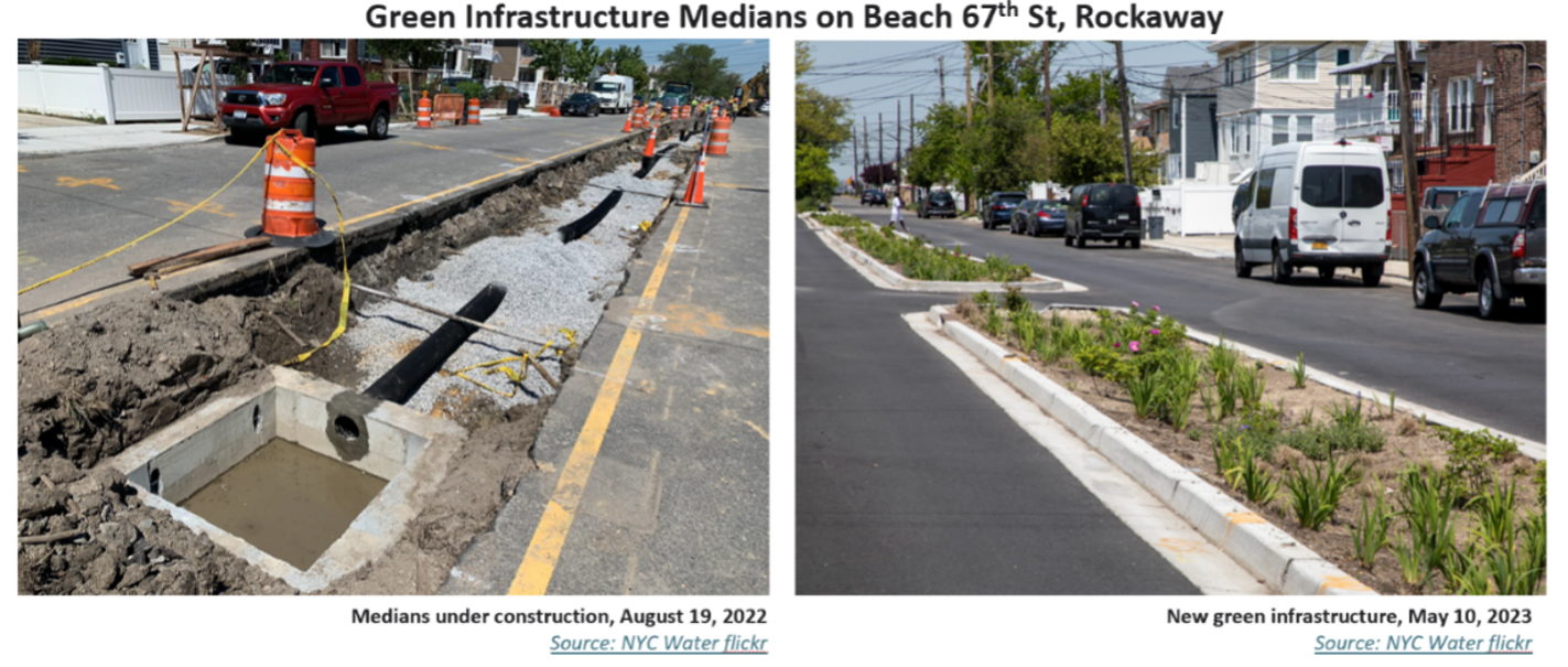 green infrastructure medians on Beach 67th Street, Rockaway, Queens