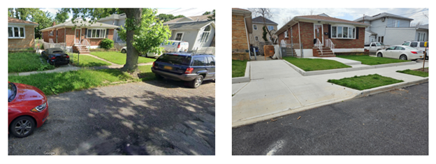 Hett Avenue was lowered almost a foot to accommodate the new storm sewer system. Before and after photos show Hett Avenue now with new curbs, improved sidewalks and streets, and homes with new walks and driveways that meet the new street elevation.