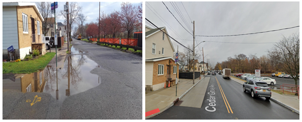 Before and after photos on Cedar Grove Avenue show a flooding condition eliminated and new catch basins, streets, sidewalks, curbs and ADA-compliant pedestrian ramps