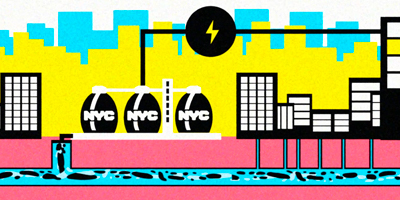 colorful illustration of a wastewater treatment plant connected to an energy symbol (lightening bolt)