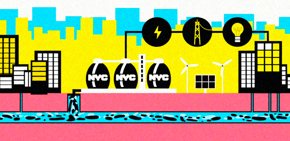 An illustration of sewage and foodscraps going into a digester producing energy
