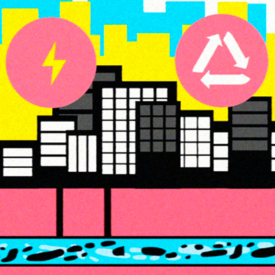 Illustration of a city with a lightening bolt (energy) symbol and recycle symbol