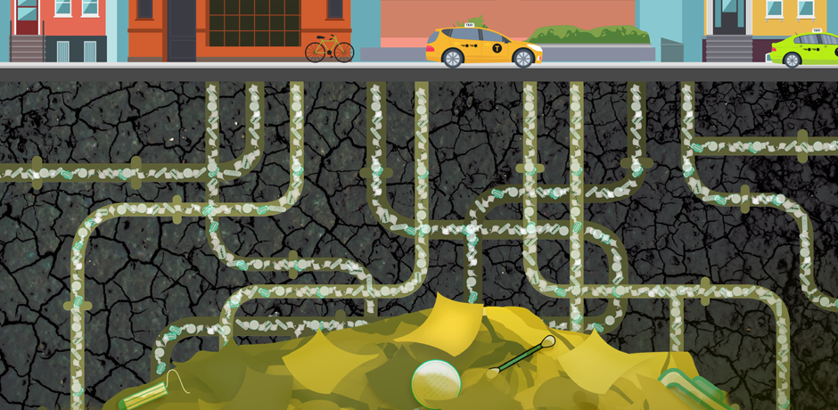 Cityscape cross-section showing clogged pipes feeding into a fatberg