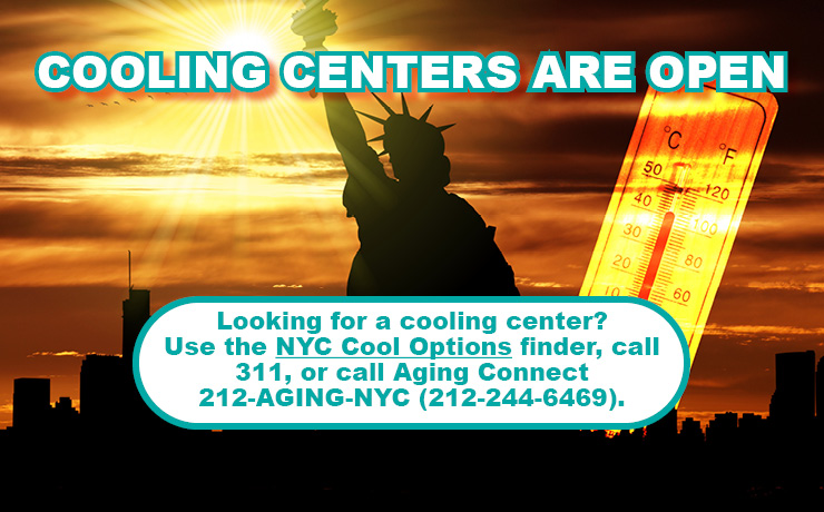 Silhouette of Statue of Liberty at sunset with text announcing NYC cooling centers are open for relief from heat.
                                           