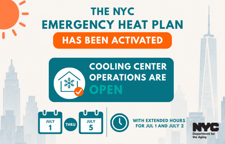 Cooling centers in NYC are open under the Emergency Heat Plan from July 1 through July 5 with extended hours early July.
                                           