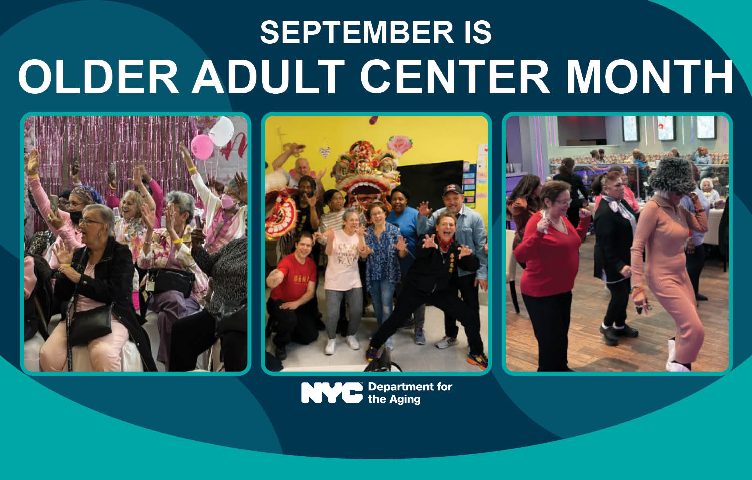 Older Adult Center Month graphic with joyful seniors engaged in group activities.
                                           