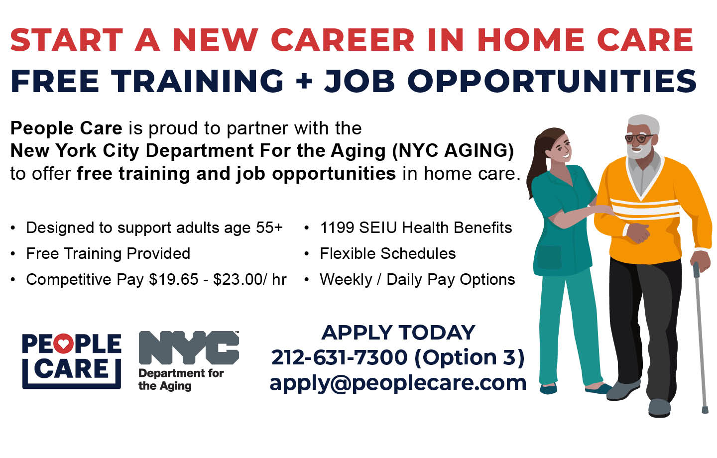 Graphic promoting free home care training and job opportunities for adults 55+. 
                                           