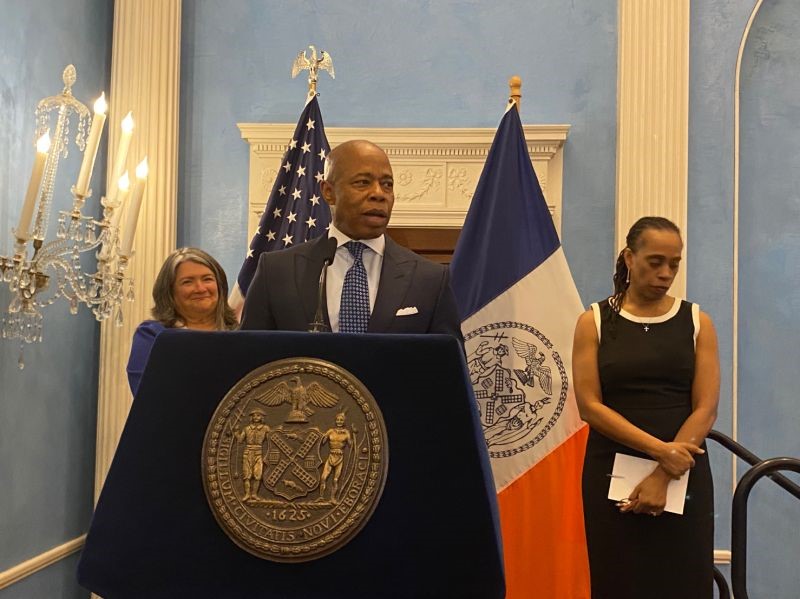 Mayor Eric Adams speaking at a reception at Gracie Mansion in honor of Older Americans Month, where attendees heard from participants of NYC Cabinet for Older New Yorkers programs.