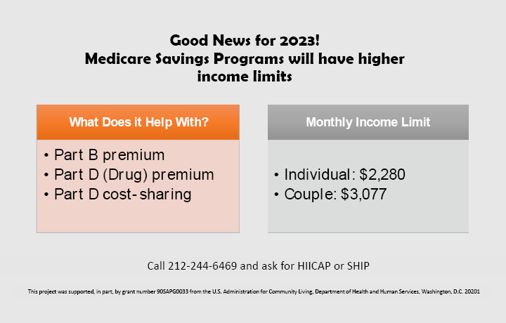 New higher income limits allows more New Yorkers on Medicare to save money on Part B premium, Part D (Drug) premium and Part D cost-sharing. Learn more by calling Aging Connect at 212-AGING-NYC (212-244-6469)