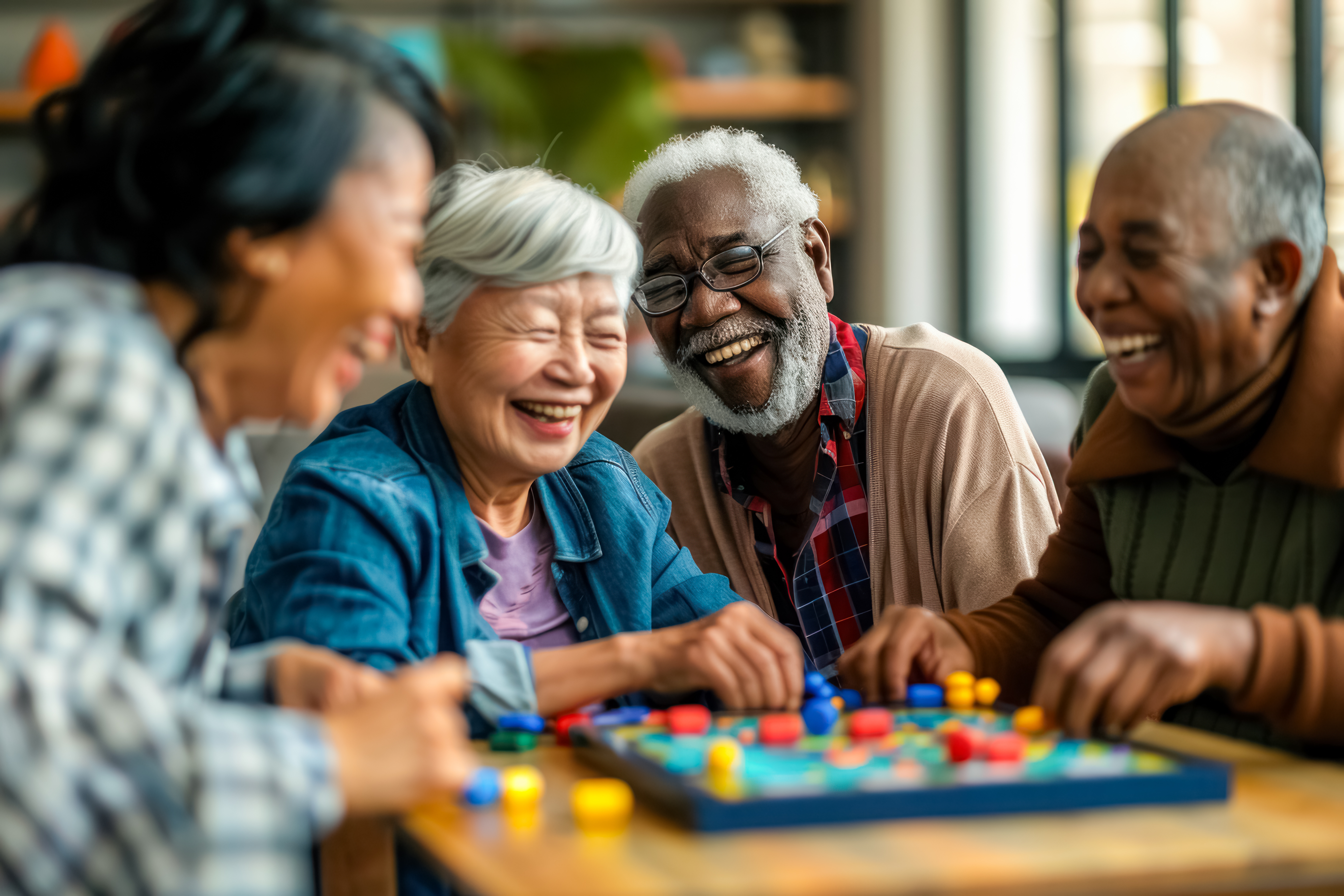 A diverse group of older adults laugh and play a colorful board game together around a table.