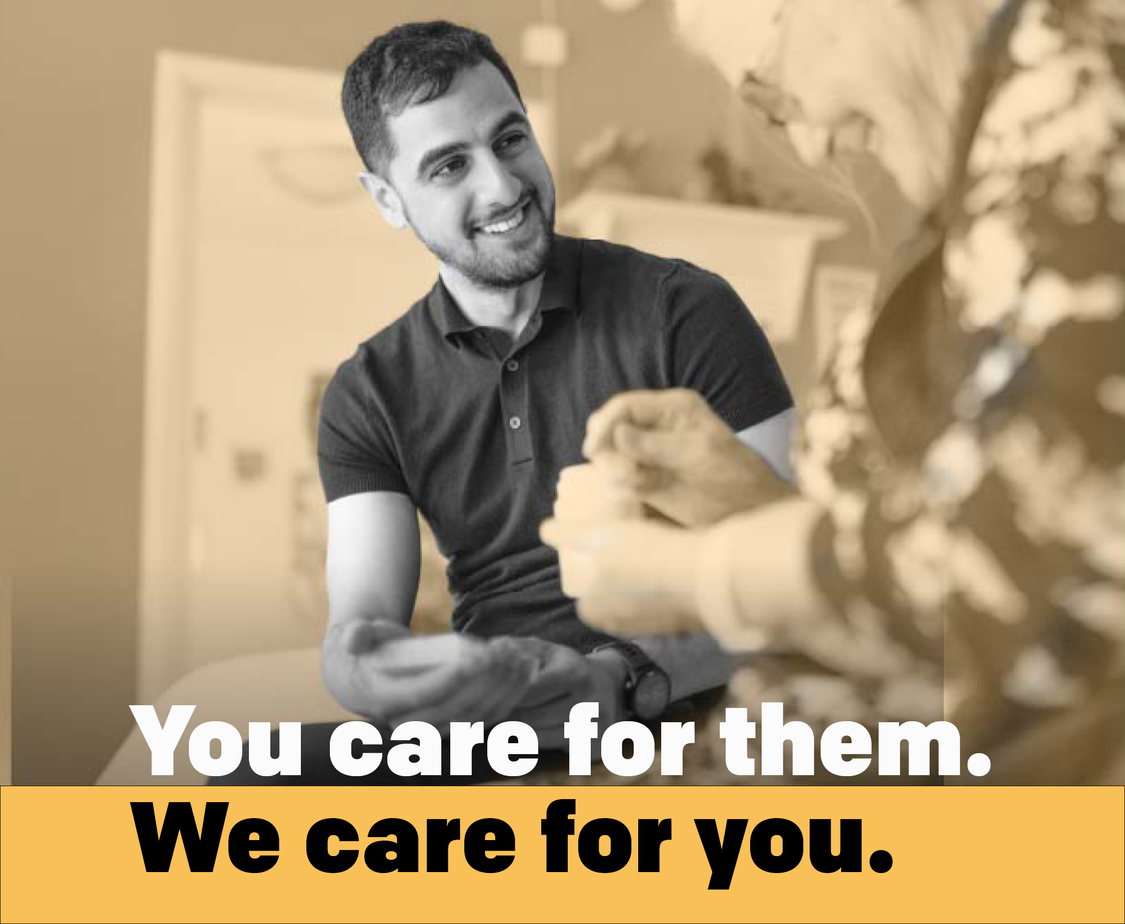 A man smiling while helping an older adult, with the message &ldquo;You care for them. We care for you,&rdquo; promoting NYC Aging&rsquo;s caregiver resources and contact information.