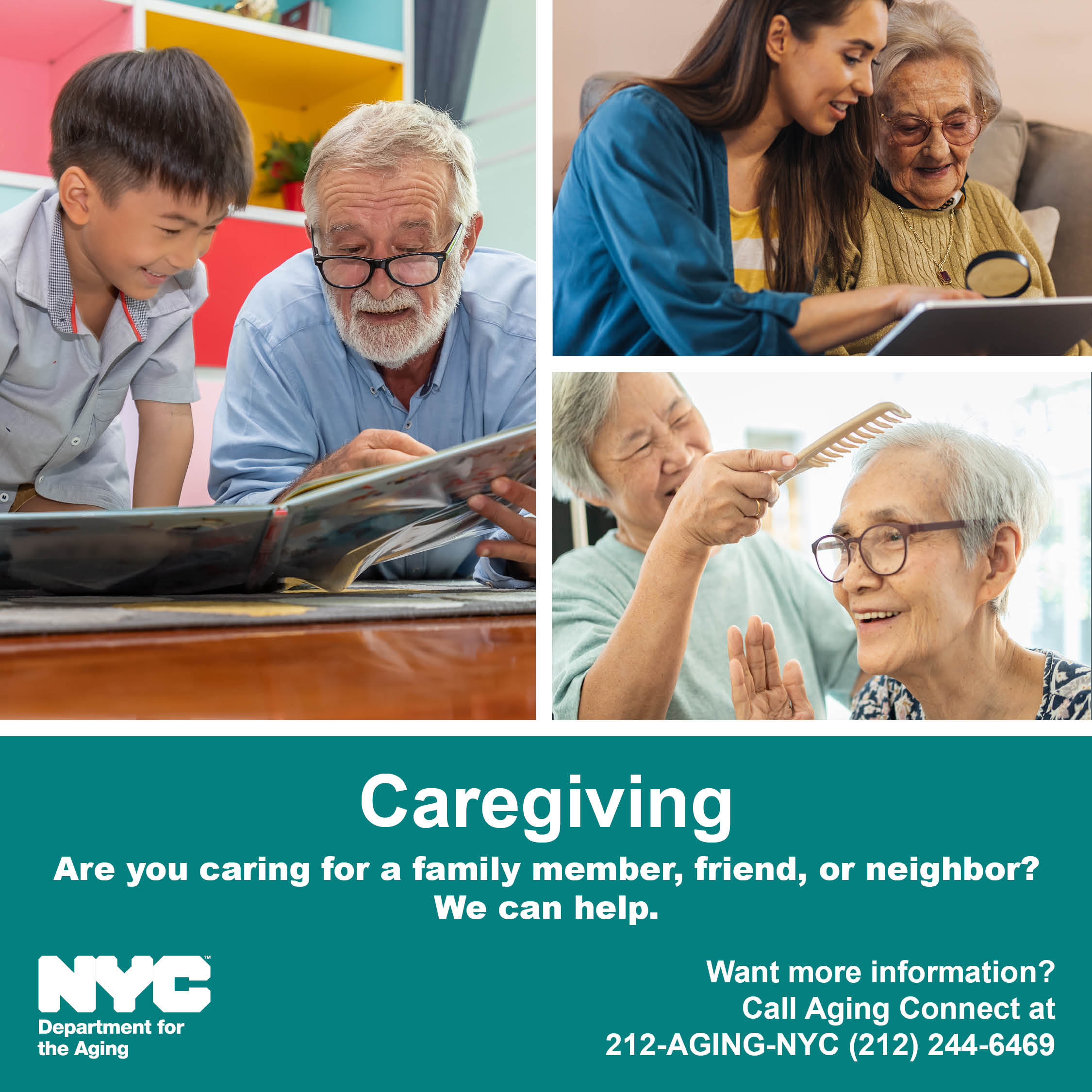 Caregiving graphic showing older adults receiving support from family and caregivers.