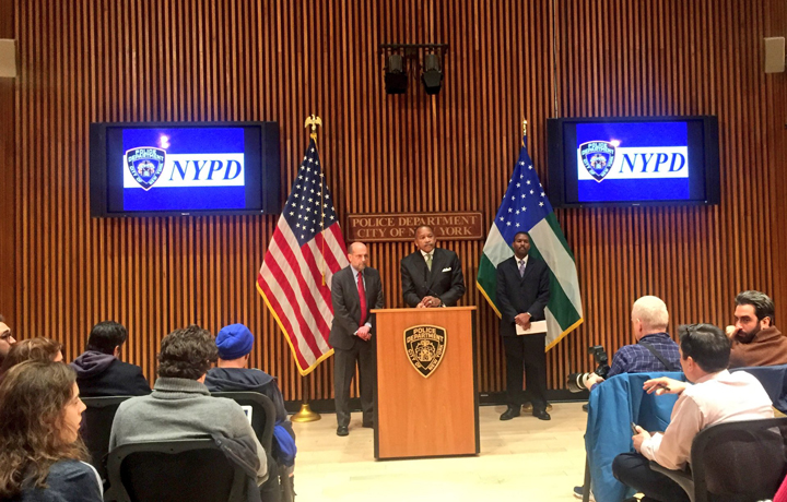 The New York City Police Department join the Department of Homeless Services to discuss new shelter security measures