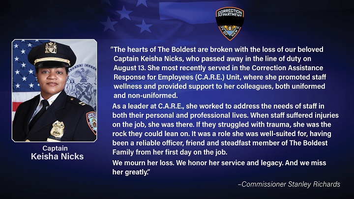 NYC DOC Mourns the Loss of Beloved Captain Keisha Nicks 
                                           