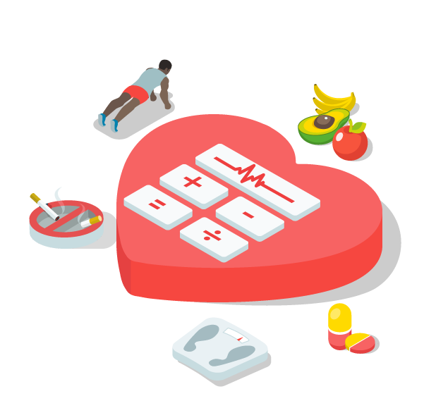 Graphic of a heart containing a calculator's arithmetic operator keys. The heart graphic is surrounded by smaller graphics of a no smoking symbol as an ashtray, a group of fruits, two people excercising, and a scale