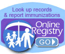a blue and purple button with people silhouette's. Text reads: 'Look up records and report immunizations. Online registry go'.