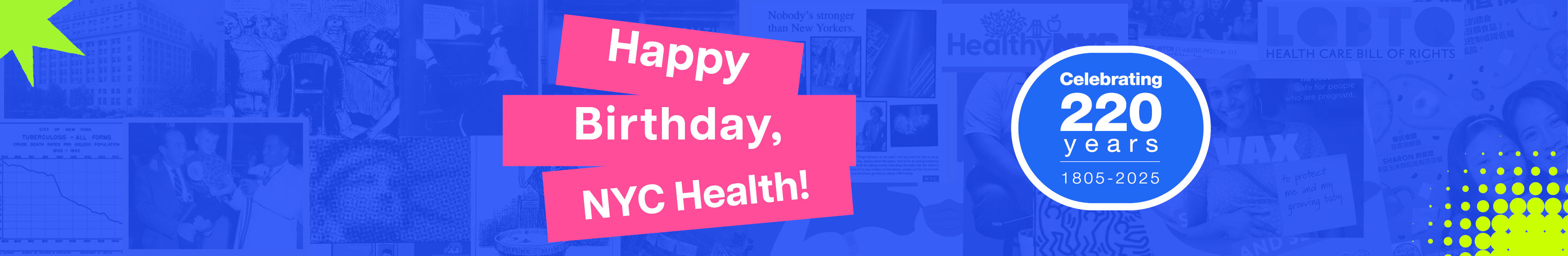 Collage of historical photos. Text reads: Happy Birthday, NYC Health. Celebrating 220 Years.