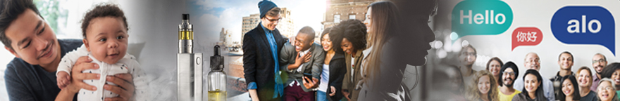 Images from various health bulletins show a man holding a baby, an e-cigarette and a vial, a group of people laughing, and various people saying 'hello' to each other in different languages. 