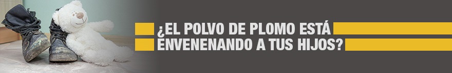 Un oso de juguete sentado al lado de botas de construcción. Ambos están cubiertos de polvo. El texto en blanco pregunta: '¿El polvo de plomo envenena a su hijo?'