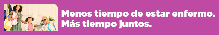 Photo of a family of three getting ready to leave the house. Text: Less sick time. More together time.